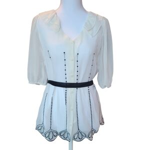 East 5th White Black Semi Sheer Vintage Inspired Button Up Blouse